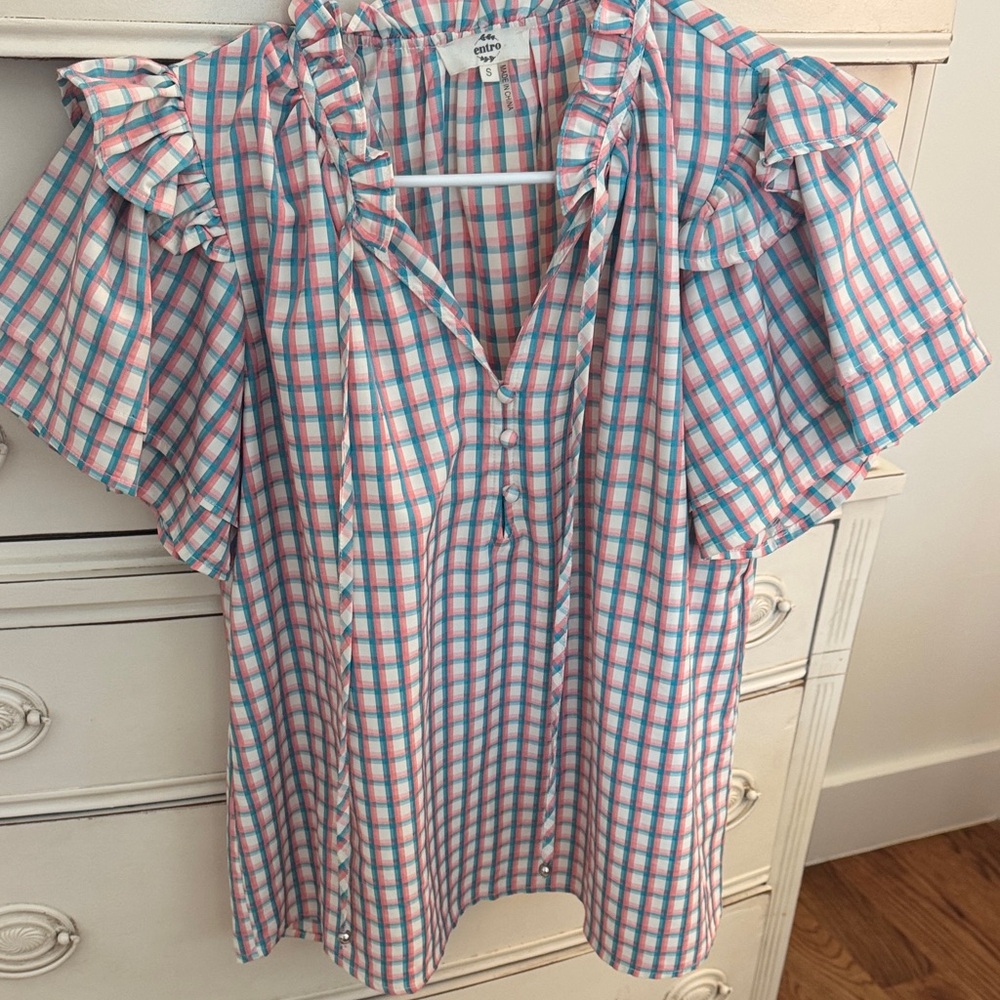 entro Pink and Blue Plaid Ruffle Sleeve Blouse